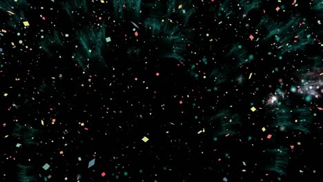 Animation-of-confetti-and-multi-coloured-spots-on-black-background