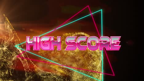 Animation-of-high-score-text-banner-over-golden-digital-wave-and-light-spot-against-black-background