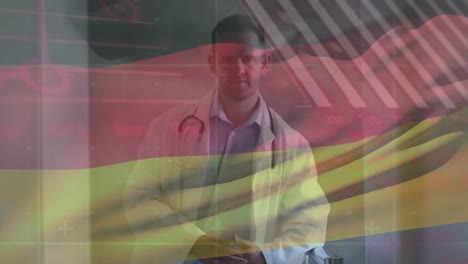 Animation-of-waving-german-flag-against-biracial-male-senior-doctor-standing-at-hospital