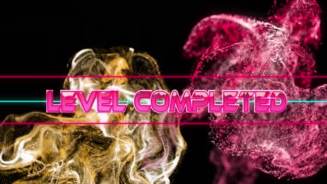 Animation-of-level-completed-text-banner-over-golden-and-pink-digital-waves-against-black-background