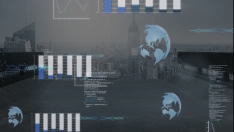 Animation-Der-Datenverarbeitung-Vor-Dem-Hintergrund-Einer-Luftaufnahme-Des-Stadtbildes
