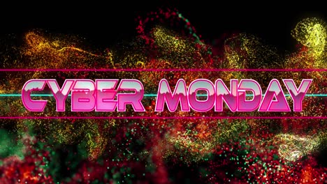 Animation-of-cyber-monday-text-banner-over-colorful-digital-waves-against-black-background