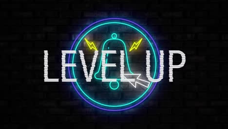 Animation-of-level-up-text-banner-over-neon-notification-bell-icon-against-brick-wall-background