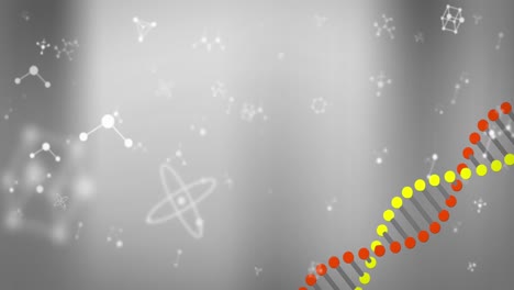 Animation-of-dna-strand-spinning-and-molecules-on-grey-background