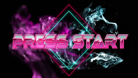 Animation-of-press-start-text-banner-over-blue-and-pink-digital-waves-against-black-background