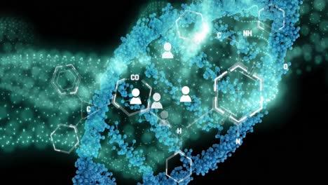Animation-Von-Punkten,-Die-DNA-Helixe-Und-Molekülstrukturen-Vor-Schwarzem-Hintergrund-Bilden
