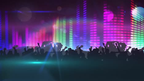 Animation-of-silhouettes-of-people-dancing-over-colourful-lights