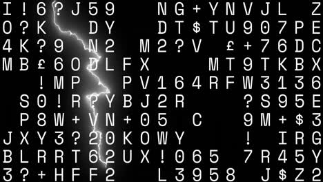Animation-of-lightning-strikes-over-letter,-numbers-and-symbol-against-black-background