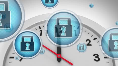 Animation-of-padlock-in-circles-over-clock-against-gradient-background