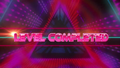 Animation-of-level-completed-text-over-glowing-neon-tunnel