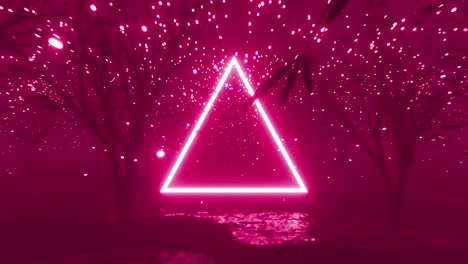Animation-of-glowing-triangle-and-trees-over-multi-coloured-changing-background