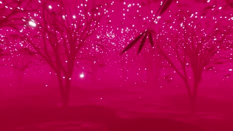 Animation-of-snow-falling-and-trees-over-pink-background