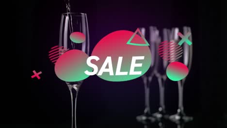 Animation-of-sale-text-and-shapes-over-champagne-glasses-on-black-background
