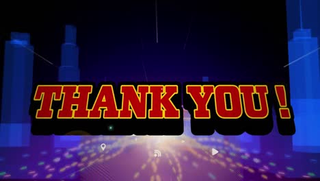 Animation-of-thank-you-banner-over-digital-icons-trails-and-light-trails-against-3d-city-model
