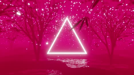 Animation-of-glowing-triangle,-snow-falling-and-trees-over-pink-background