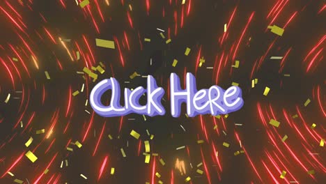 Animation-of-golden-confetti-falling-over-click-here-text-banner-against-spinning-light-trails