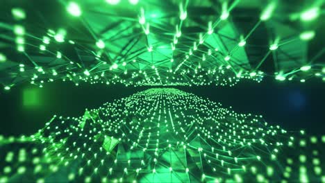 Animation-of-glowing-green-mesh-of-light-trails-moving-on-black-background