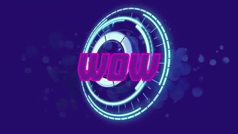 Animation-of-wow-text-over-scope-scanning-on-purple-background