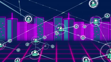 Animation-of-network-of-digital-icons-over-neon-city-model-spinning-against-blue-background