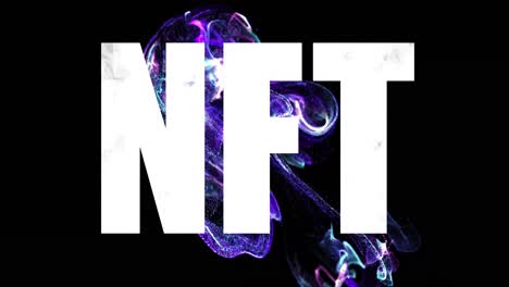 Animation-of-nft-text-banner-and-glowing-purple-digital-waves-against-black-background