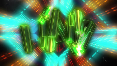 Animation-Grüner-Kristallformen-über-Neontunnel-In-Nahtlosem-Muster-Vor-Schwarzem-Hintergrund