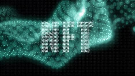 Animation-of-nft-text-banner-and-glowing-green-digital-waves-against-black-background