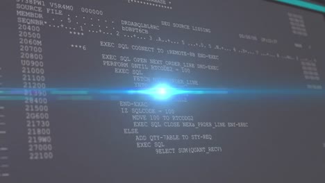 Animation-of-lens-flare-over-numbers-and-computer-language-against-black-background