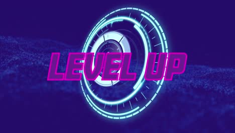 Animation-of-level-up-text-banner-over-neon-round-scanner-and-digital-wave-against-blue-background