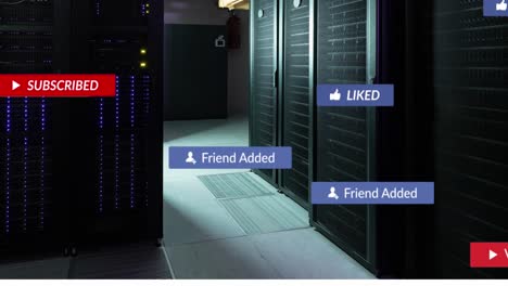 Animation-of-social-media-icons-floating-against-computer-server-room