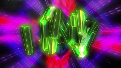Animation-of-glowing-green-shapes-over-neon-tunnel-on-black-background