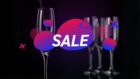 Animation-of-sale-text-and-shapes-over-champagne-glasses-on-black-background