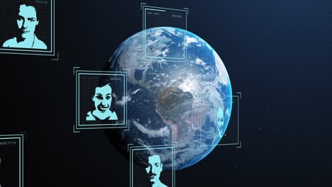 Animation-Von-Profilbildern-In-Quadraten-über-Rotierendem-Globus-Vor-Abstraktem-Hintergrund