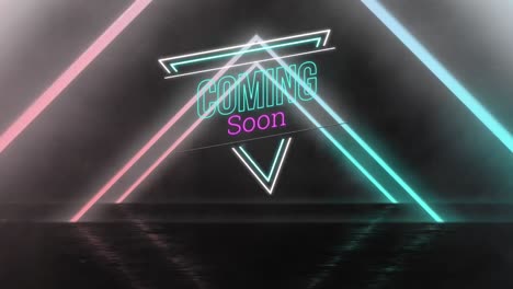 Animation-of-shapes-moving-over-coming-soon-text-on-black-background