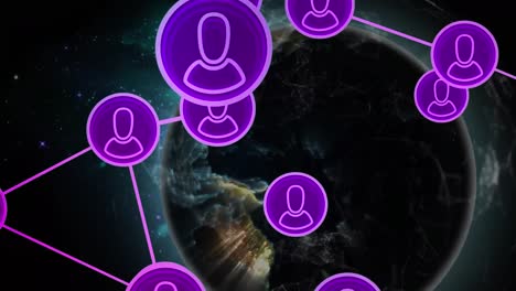 Animation-of-connected-purple-profile-icons-around-illuminated-globe-rotating-on-abstract-background