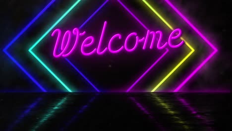 Animation-of-neon-shapes-moving-over-welcome-text-on-black-background