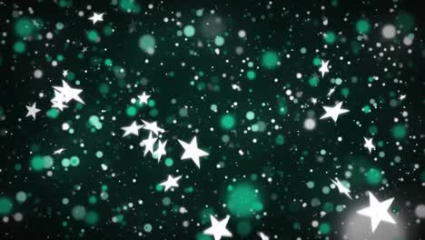 Animation-of-stars-and-green-spots-falling-on-black-background