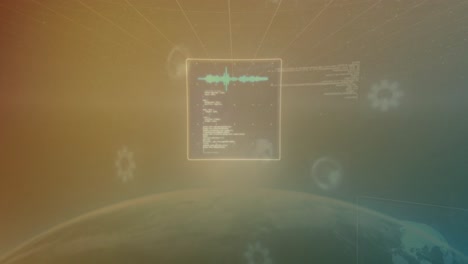 Animation-Von-Radargeräten,-Diagrammen,-Globen-Und-Computersprache-über-Der-Weltraumansicht-Des-Globus