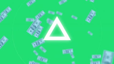 Animation-of-white-triangle-and-falling-banknotes-on-green-background