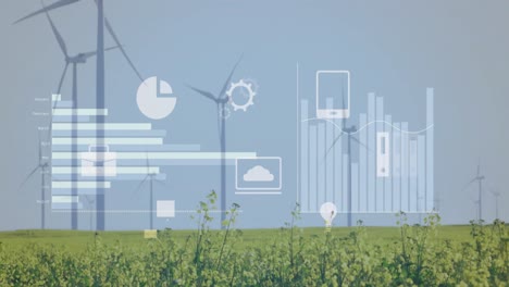 Animation-of-multiple-icons-and-graphs-over-windmills-on-green-field-against-sky