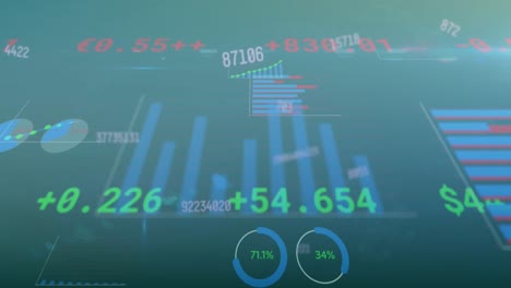 Animation-of-changing-numbers-over-trading-board,-graphs,-loading-circles-on-blue-background