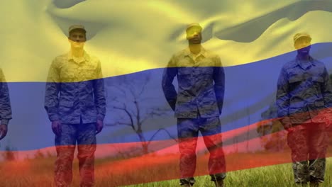 Animation-of-flag-of-colombia-over-diverse-male-soldiers-standing-at-attention
