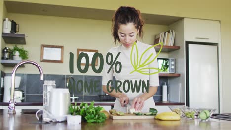 Animation-of-100-percent-home-grown-text-over-biracial-woman-cutting-vegetables-in-kitchen