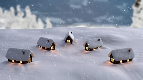 Animation-of-snow-falling-over-winter-landscape-with-lit-houses-background