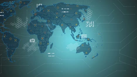 Animation-Des-Netzwerks-Von-Verbindungen-Und-Datenverarbeitung-über-Der-Weltkarte