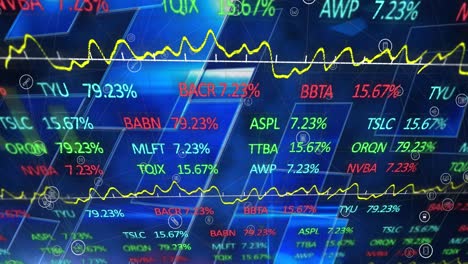 Animation-of-stock-market-data-processing-over-sqaure-shapes-against-blue-background