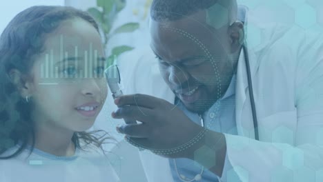 Animation-of-medical-data-processing-over-african-american-male-doctor-with-girl-patient
