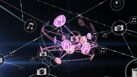 Animation-Eines-Netzwerks-Digitaler-Symbole-über-Einem-Sich-Drehenden-Globus-Und-Blauen-Lichtspuren-Auf-Schwarzem-Hintergrund