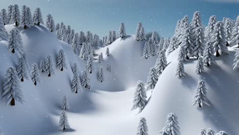 Animation-Von-Schnee,-Der-über-Eine-Winterlandschaft-Mit-Tannenbäumen-Im-Hintergrund-Fällt