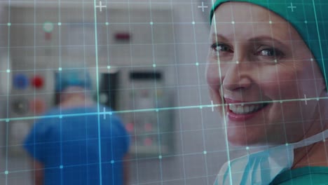Animation-of-grid-pattern-over-close-up-of-smiling-caucasian-female-surgeon-in-hospital
