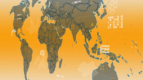 Animación-Del-Procesamiento-De-Datos-Sobre-El-Mapa-Mundial-Sobre-Fondo-Degradado-Amarillo
